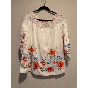 Chelsea & Violet Embroidered Smocked Off Shoulder Boho Blouse Top Womens Size L
